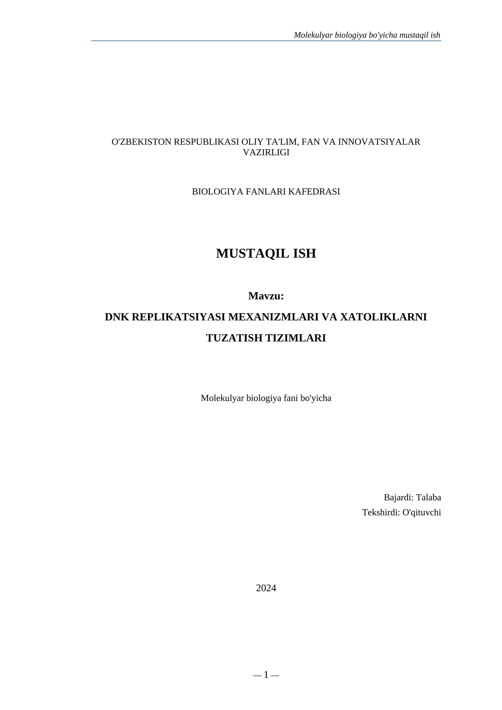 Molekulyar biologiya bo'yicha mustaqil ish