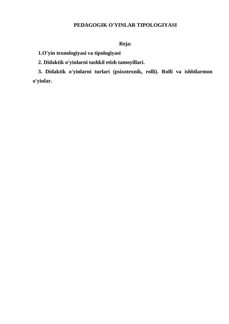 PEDAGOGIK O'YINLAR TIPOLOGIYASI