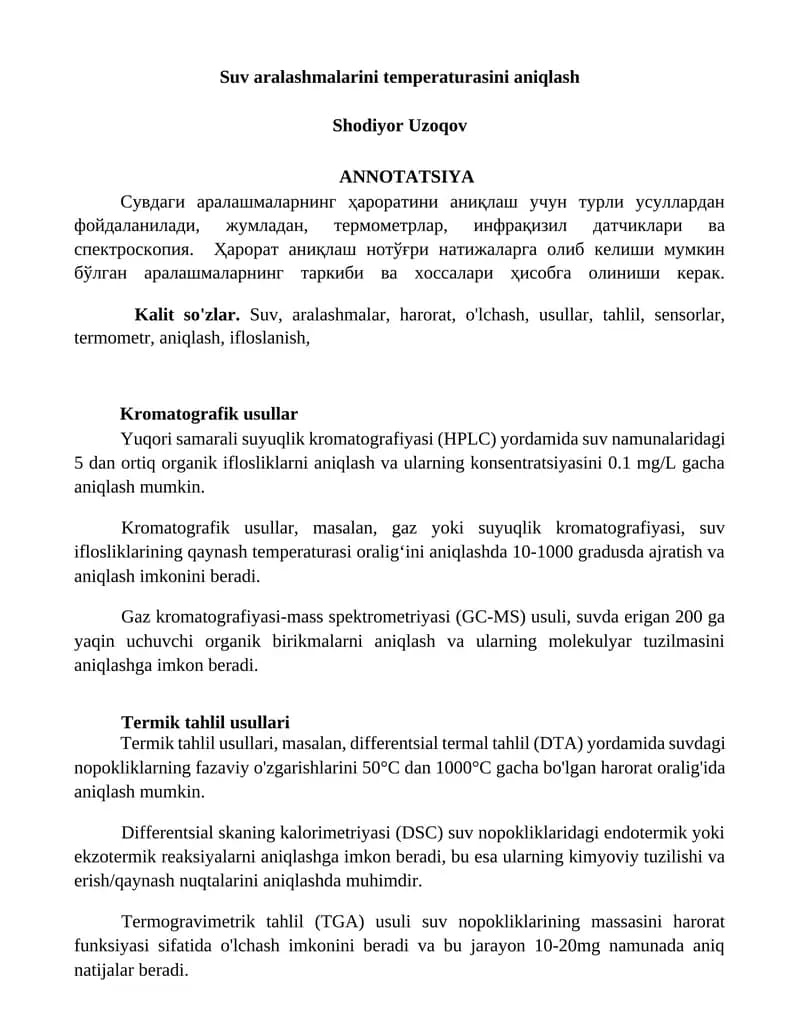 Suv aralashmalarini temperaturasini aniqlash