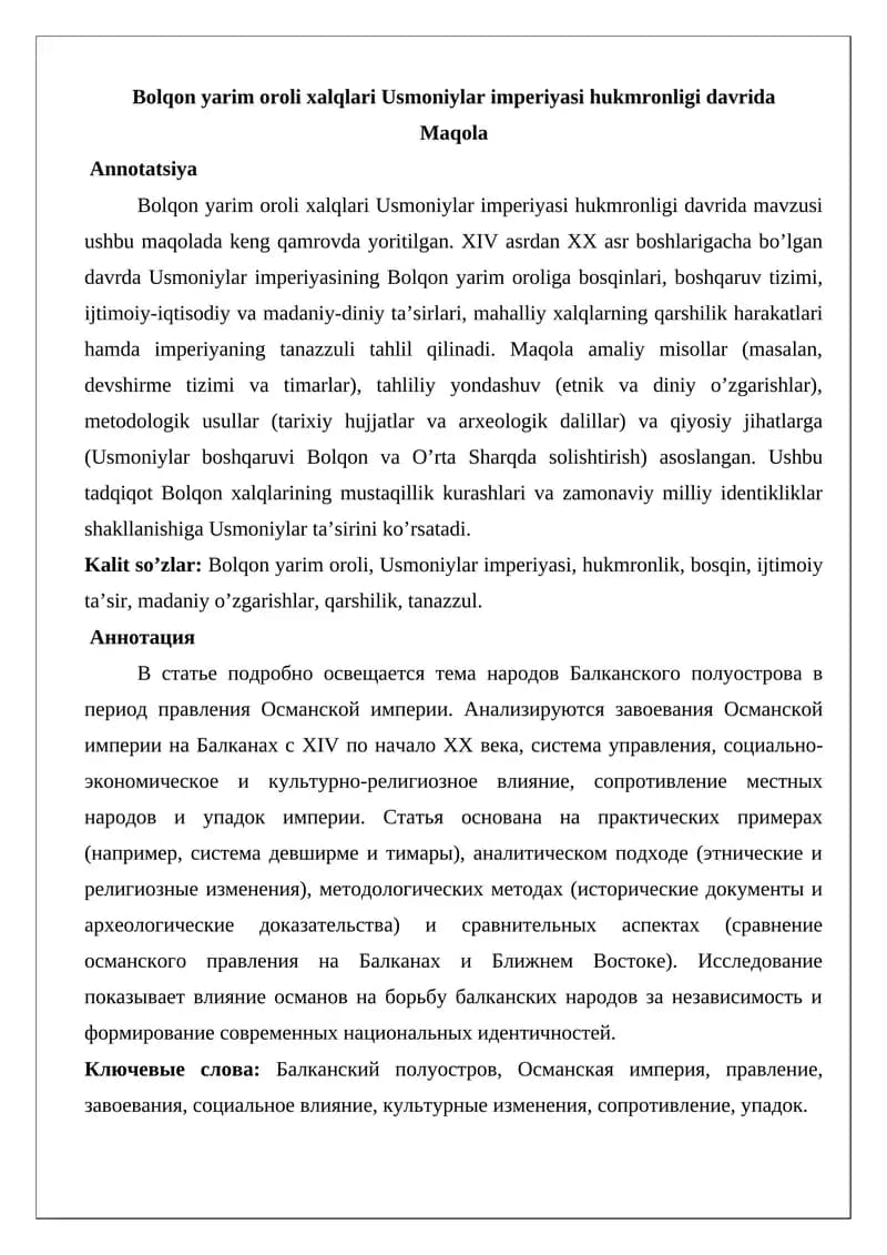 Bolqon yarim oroli xalqlari Usmoniylar imperiyasi hukmronligi davrida