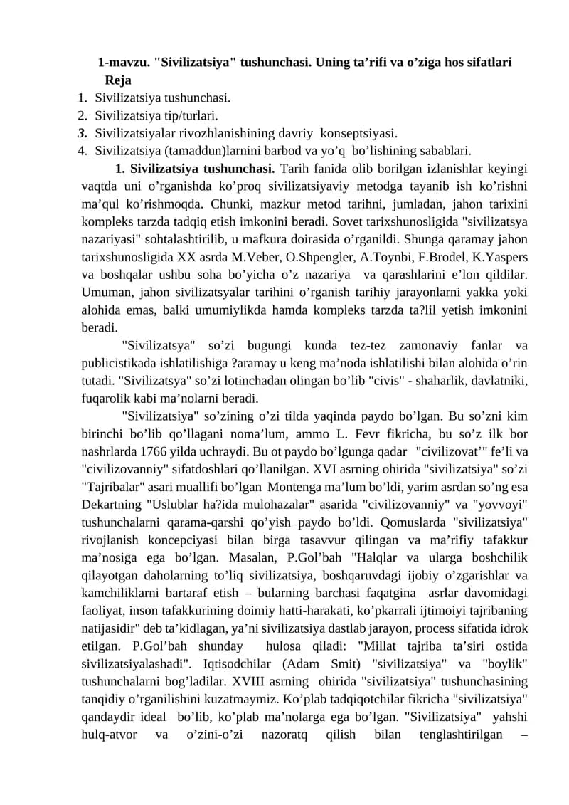 "Sivilizatsiya" tushunchasi. Uning ta’rifi va o’ziga hos sifatlari