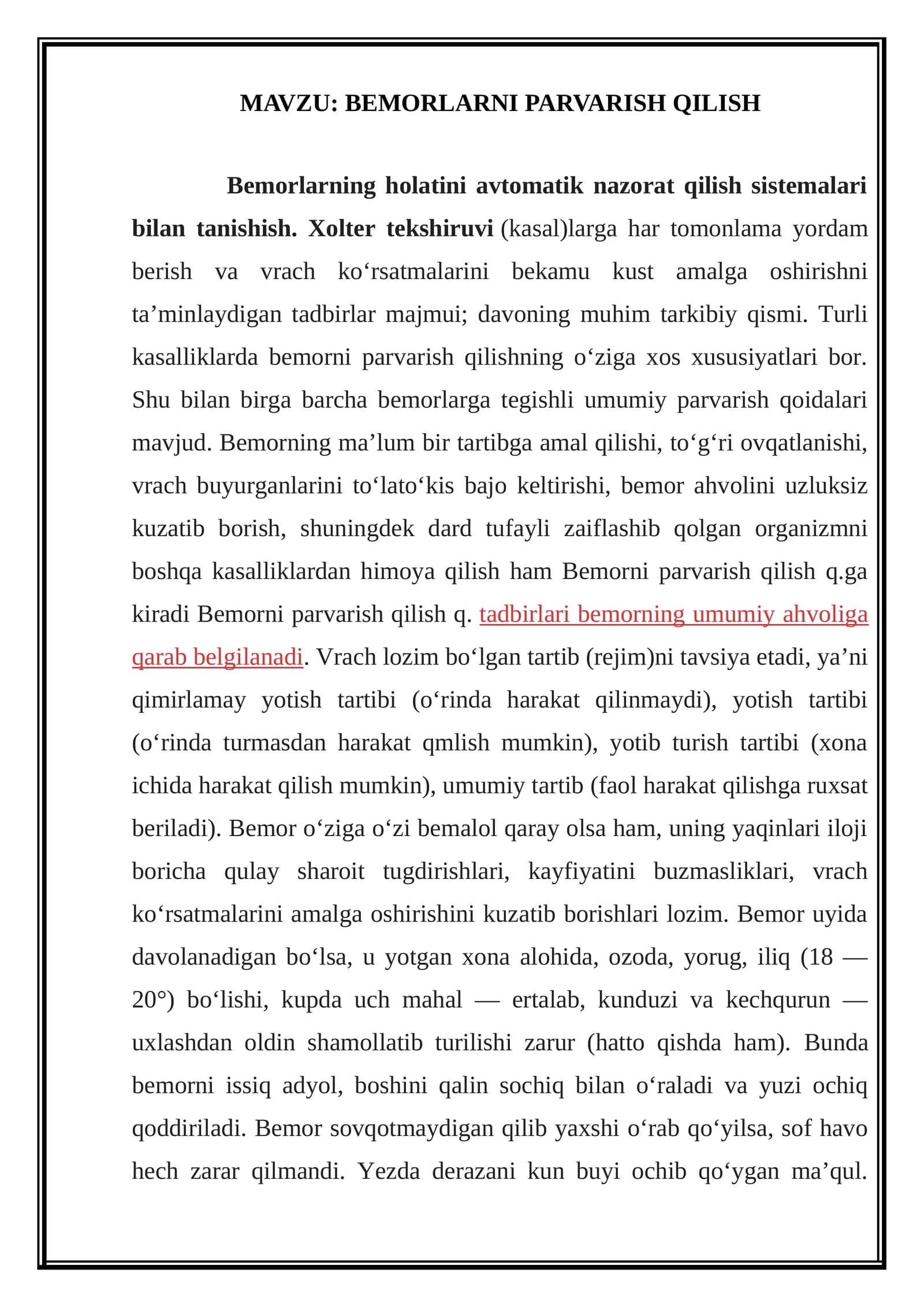 BEMORLARNI PARVARISH QILISH