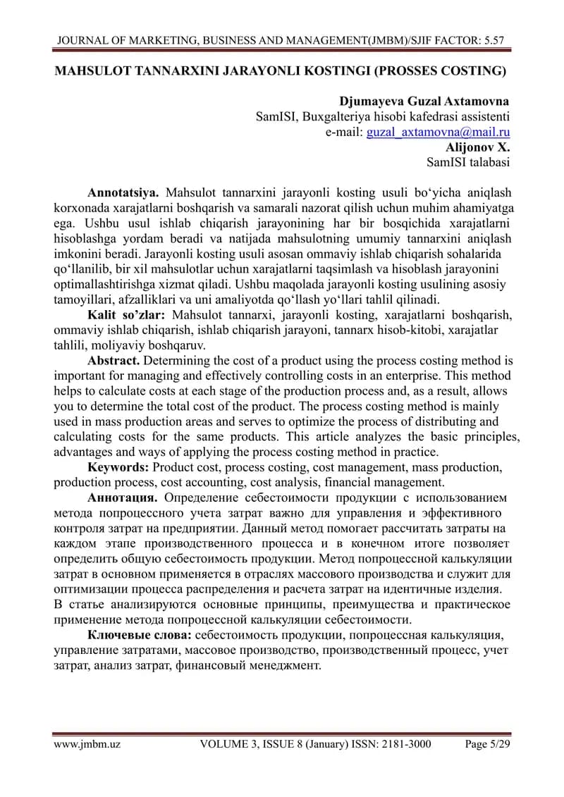 MAHSULOT TANNARXINI JARAYONLI KOSTINGI (PROSSES COSTING)