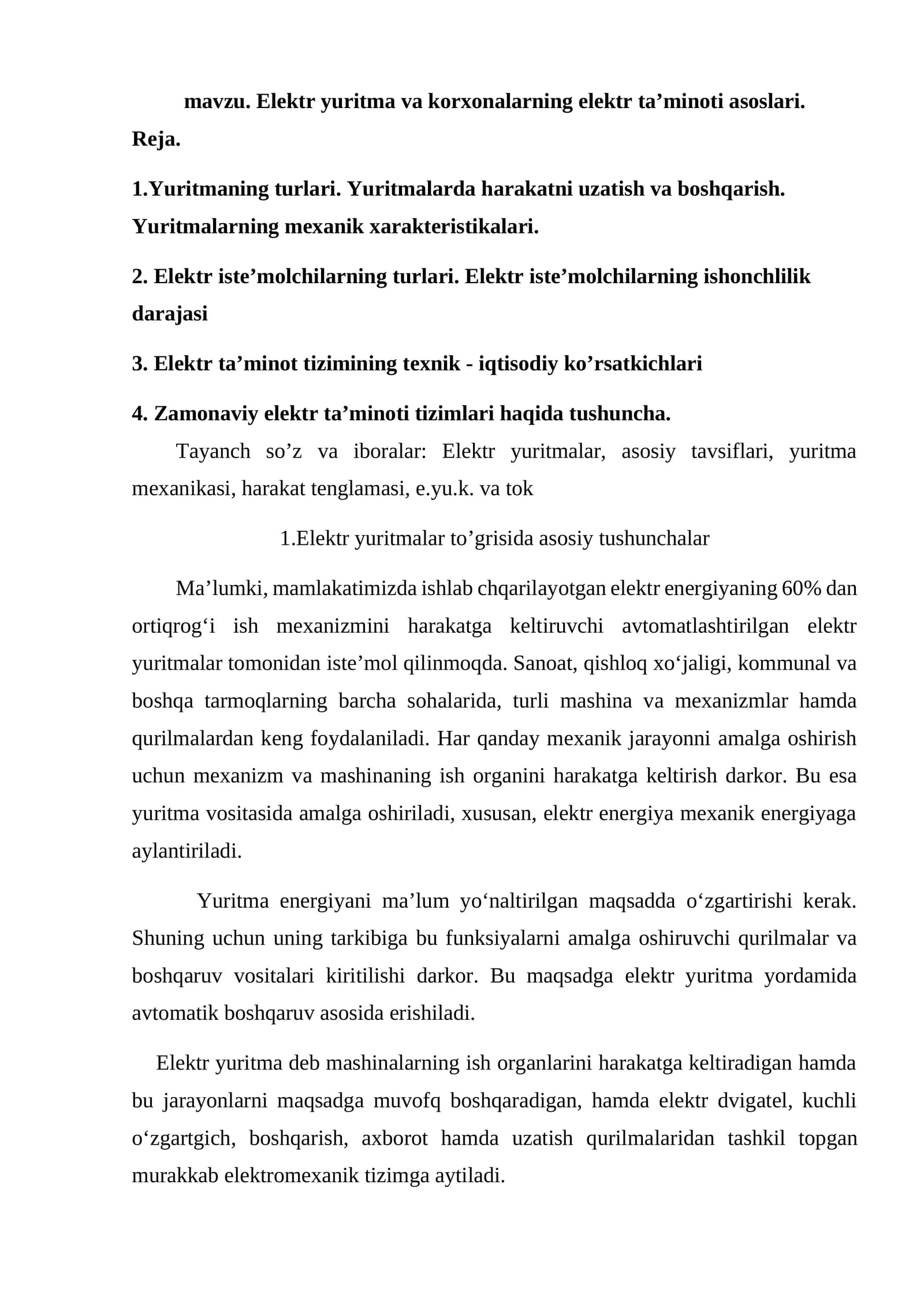 Elektr yuritma va korxonalarning elektr ta’minoti asoslari
