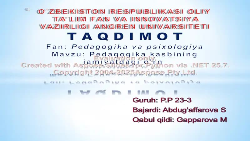 Pedagogika kasbining jamiyatdagi o'rni