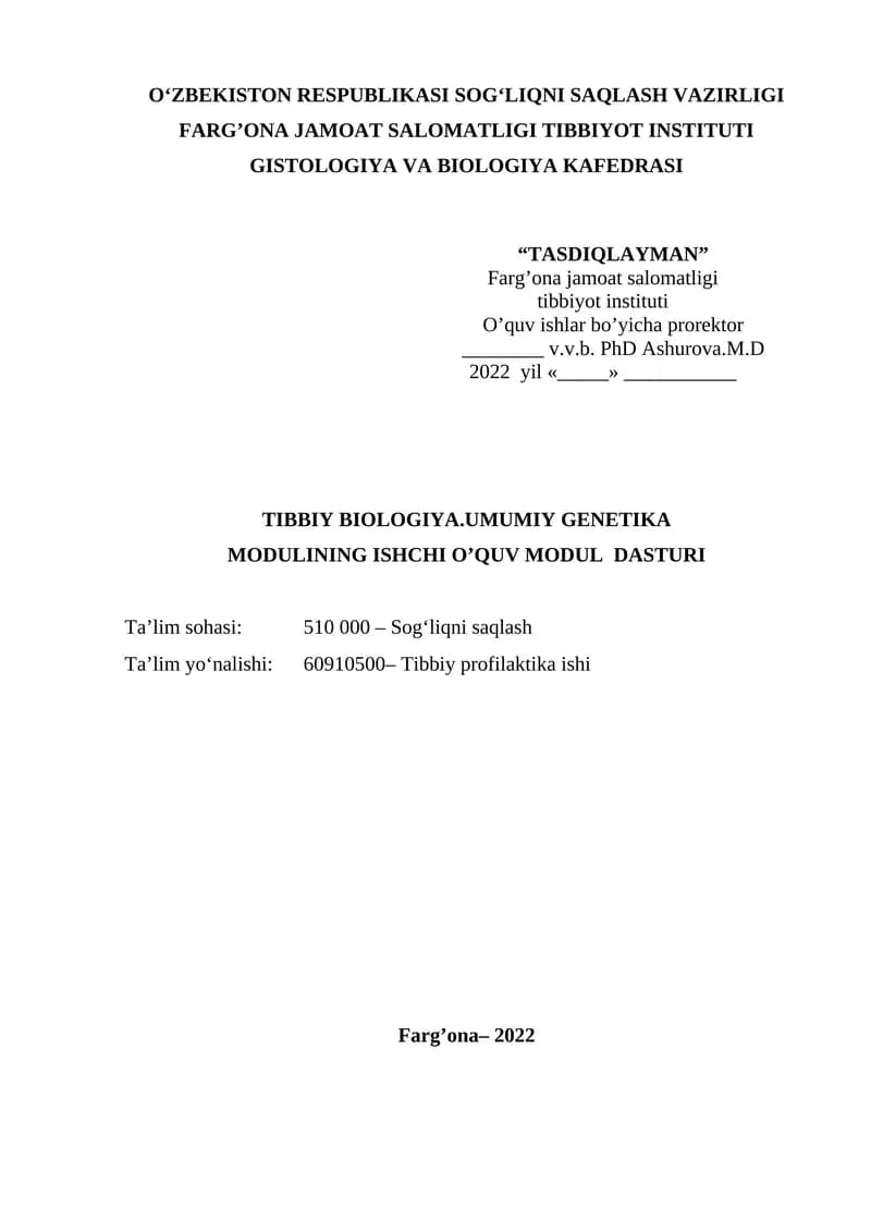 Tibbiy Biologiya Umumiy Genetika Modulining Ishchi O'quv Modul Dasturi