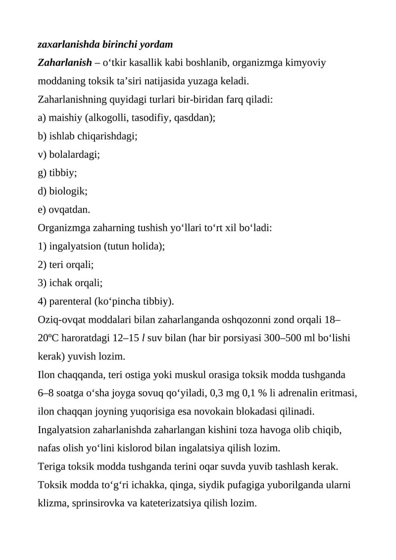 zaharlanishda birinchi yordam