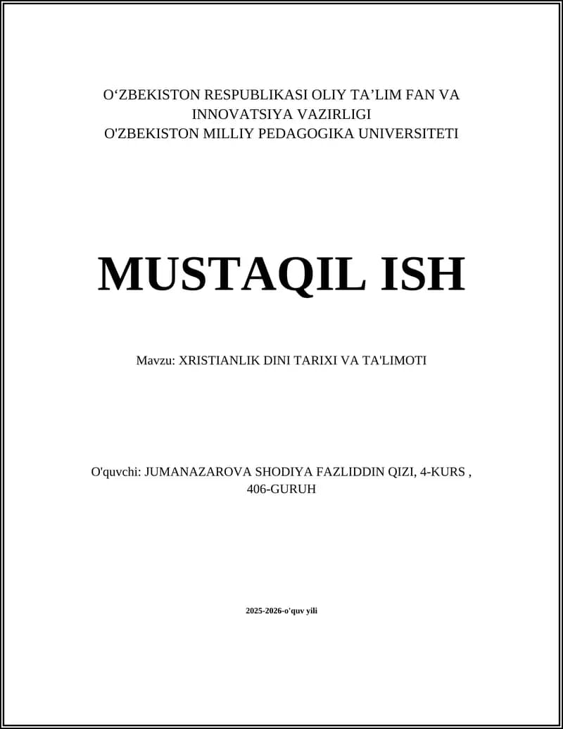 XRISTIANLIK DINI TARIXI VA TA'LIMOTI