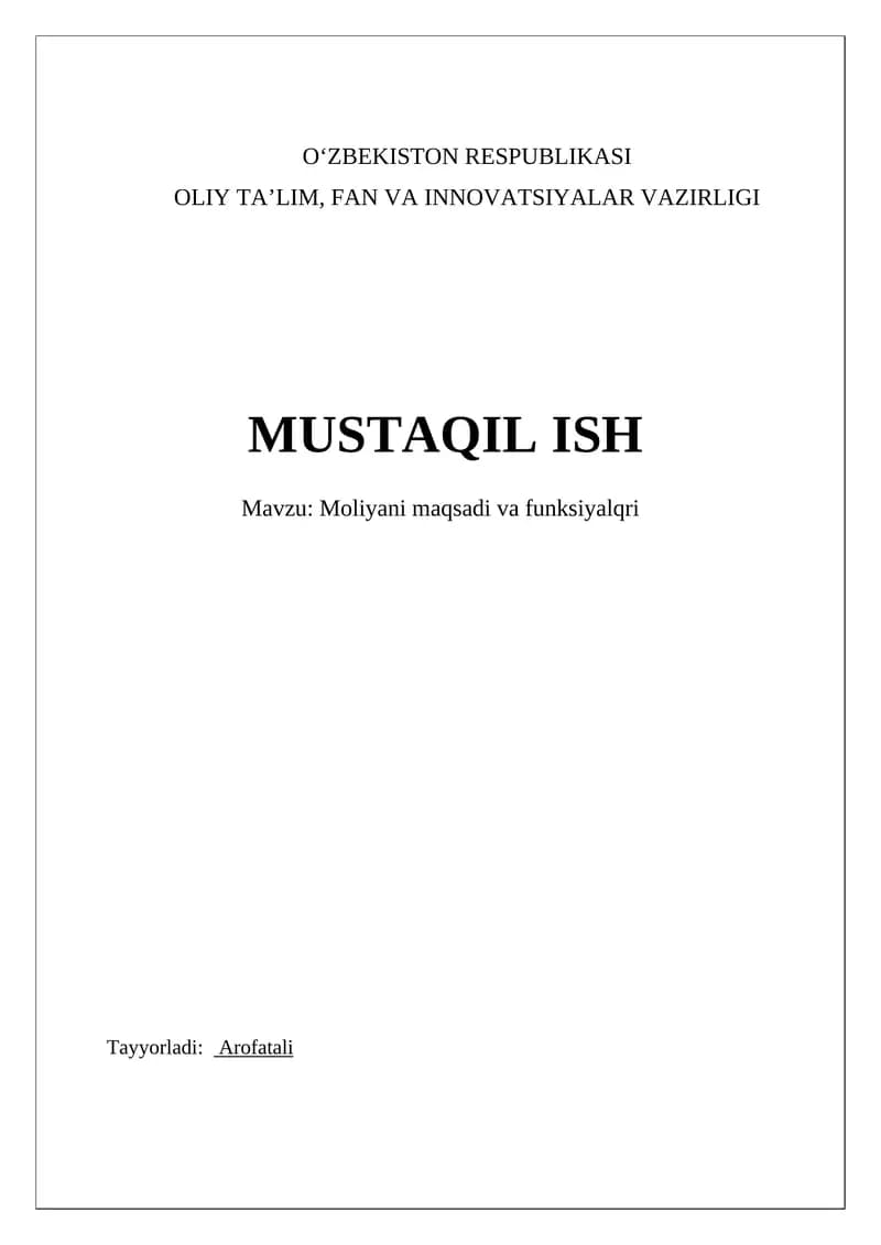 Moliyani maqsadi va funksiyalqri