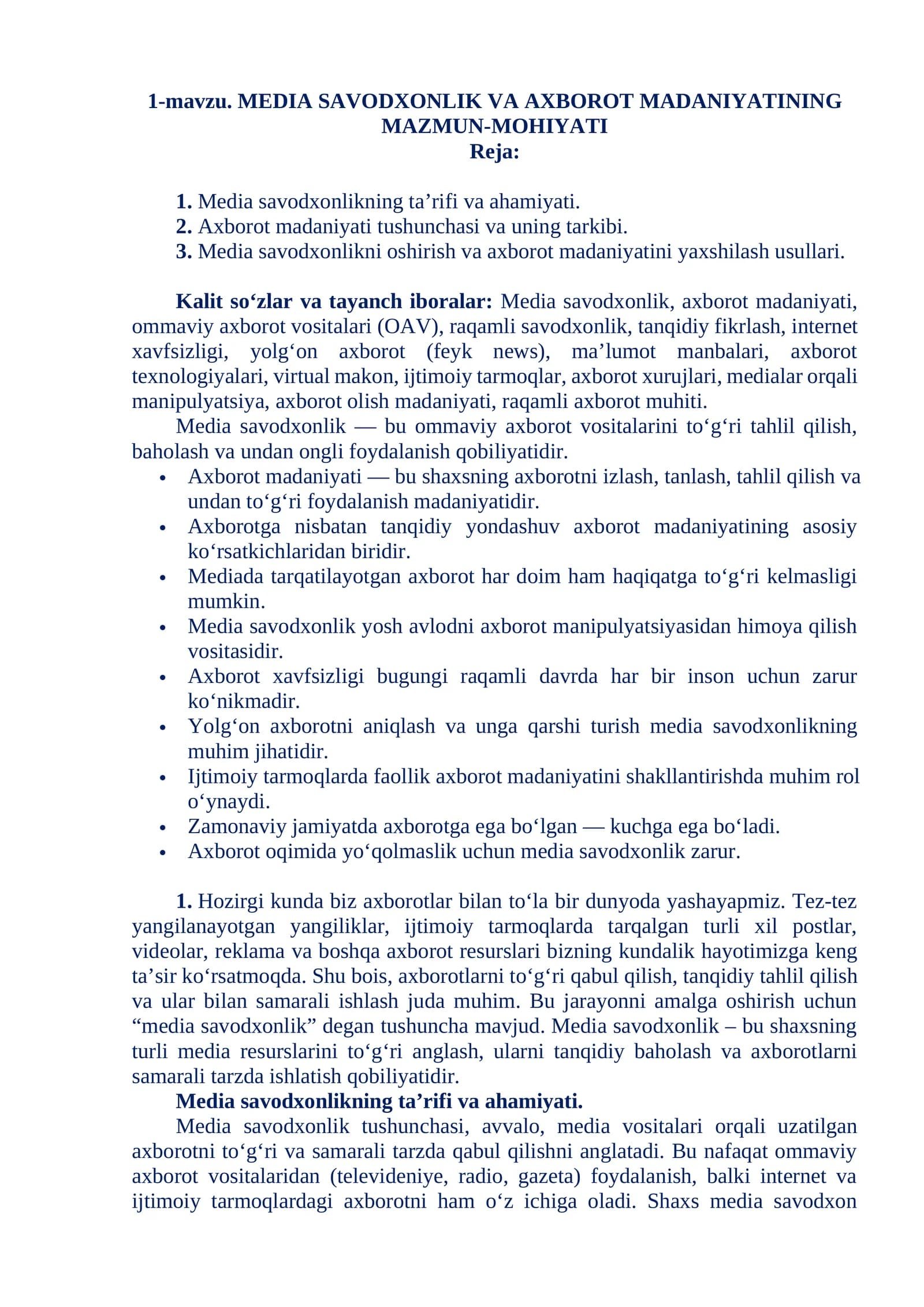 MEDIA SAVODXONLIK VA AXBOROT MADANIYATINING MAZMUN-MOHIYATI
