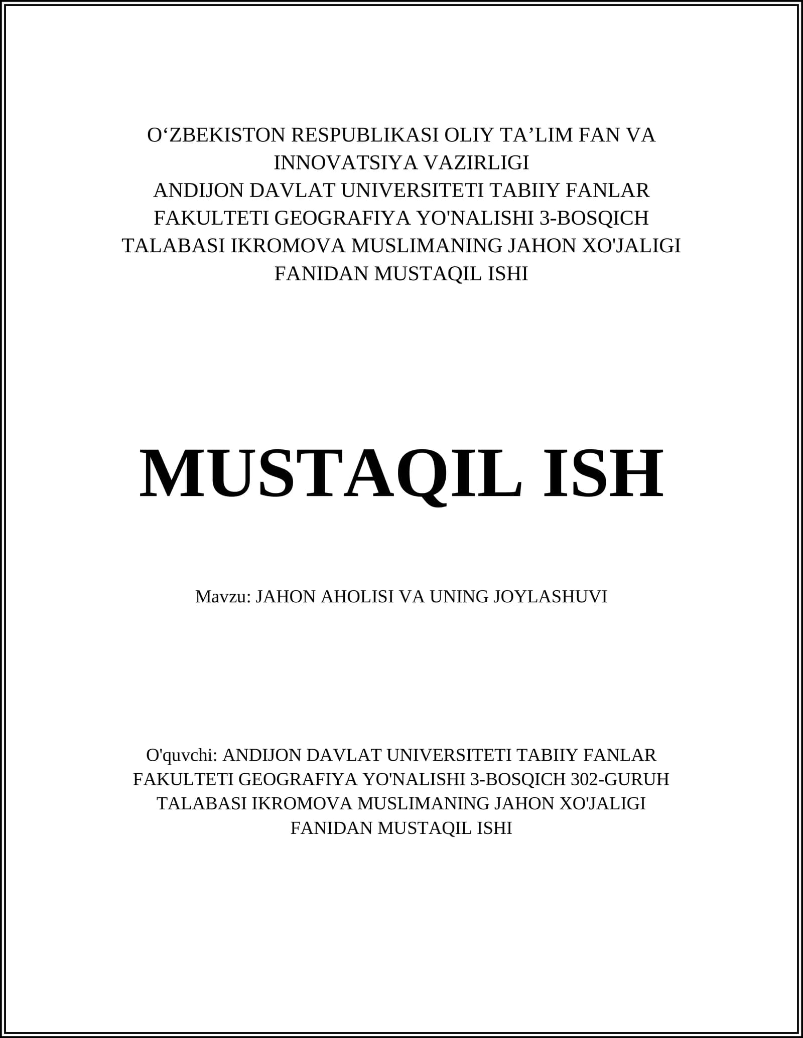 JAHON AHOLISI VA UNING JOYLASHUVI