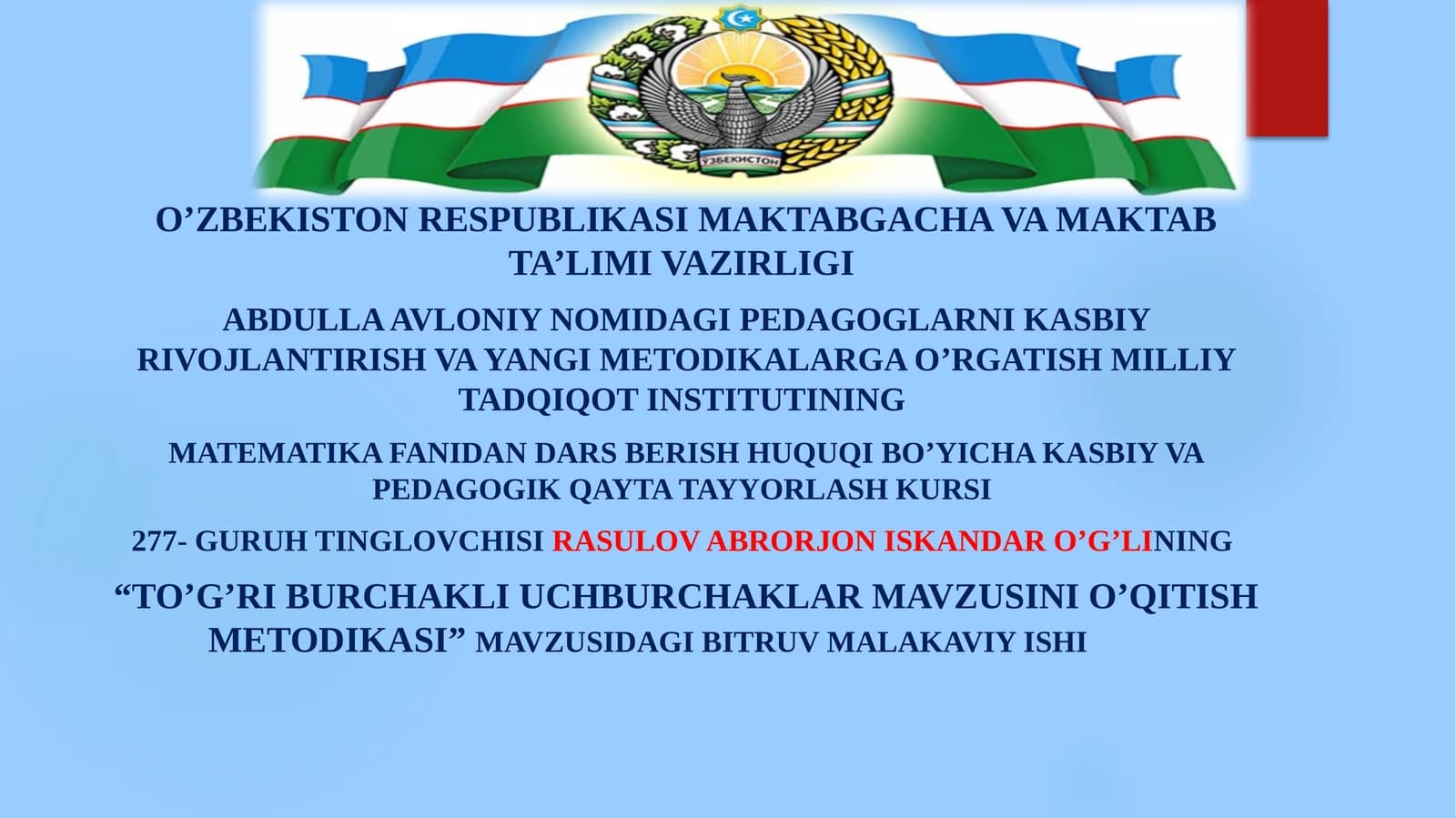 Taqdimot matematikadan to'g'ri burchakli uchburchak
