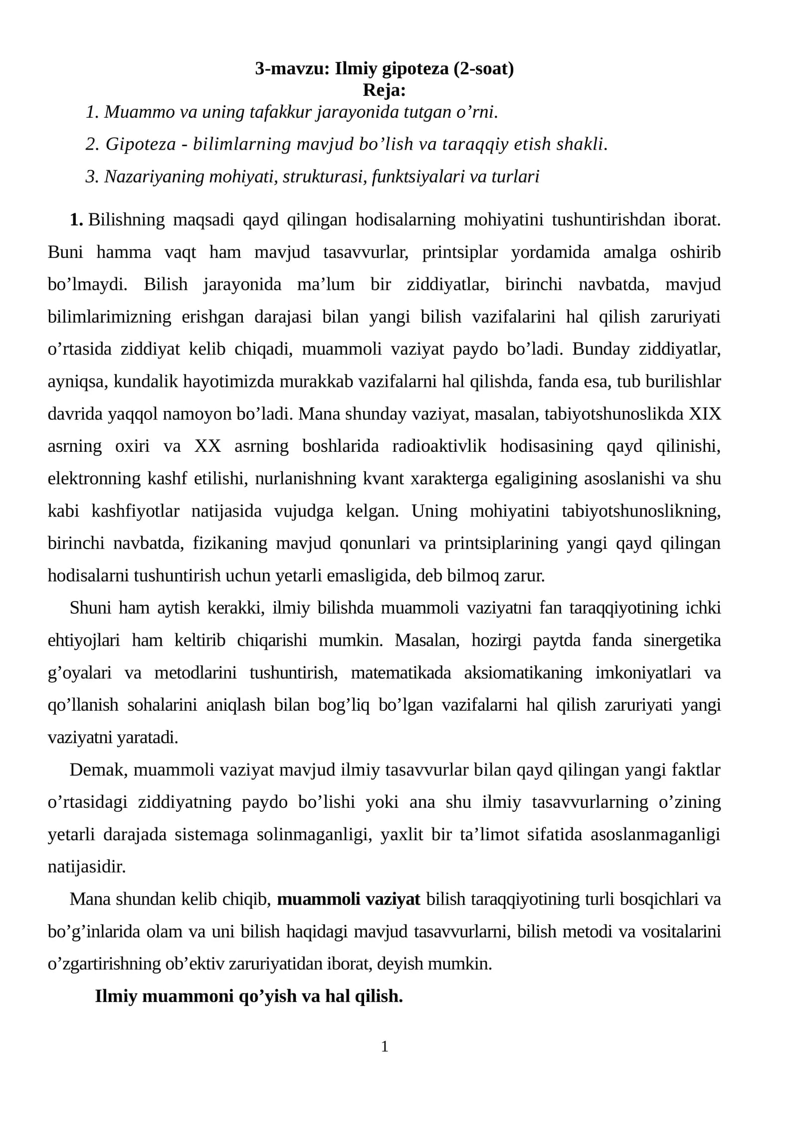 Ilmiy gipoteza (2-soat)