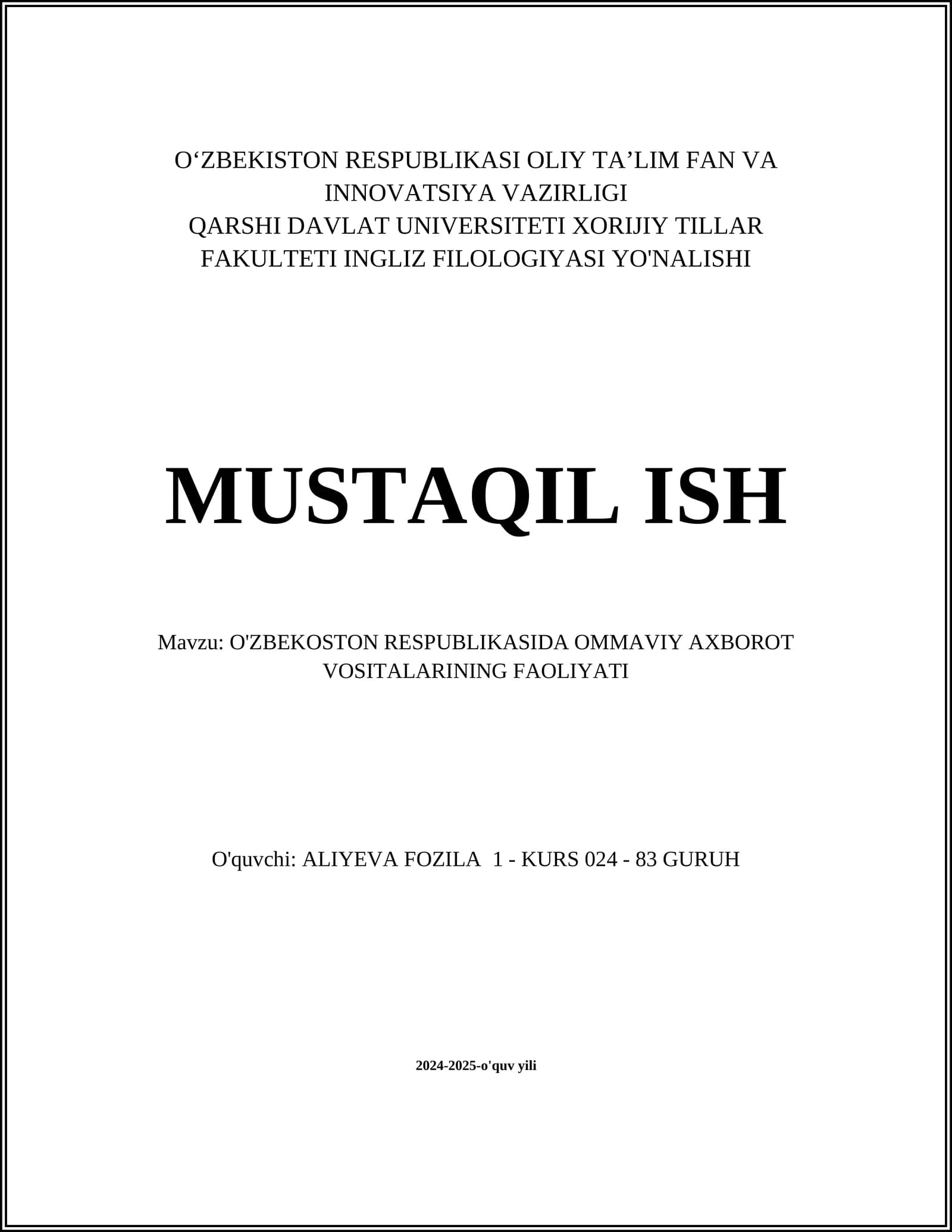 O'ZBEKOSTON RESPUBLIKASIDA OMMAVIY AXBOROT VOSITALARINING FAOLIYATI