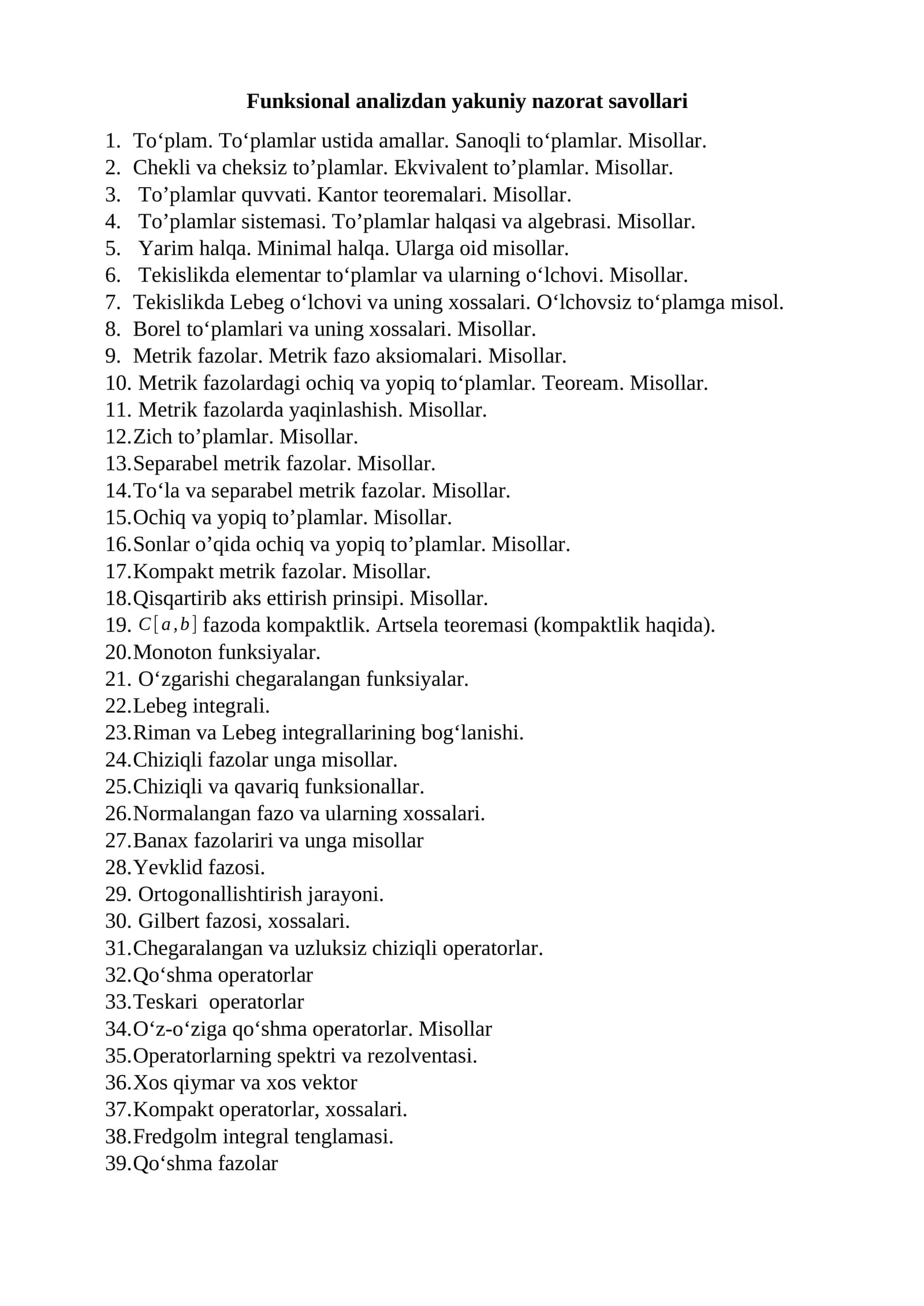 Funksional analizdan yakuniy nazorat savollari
