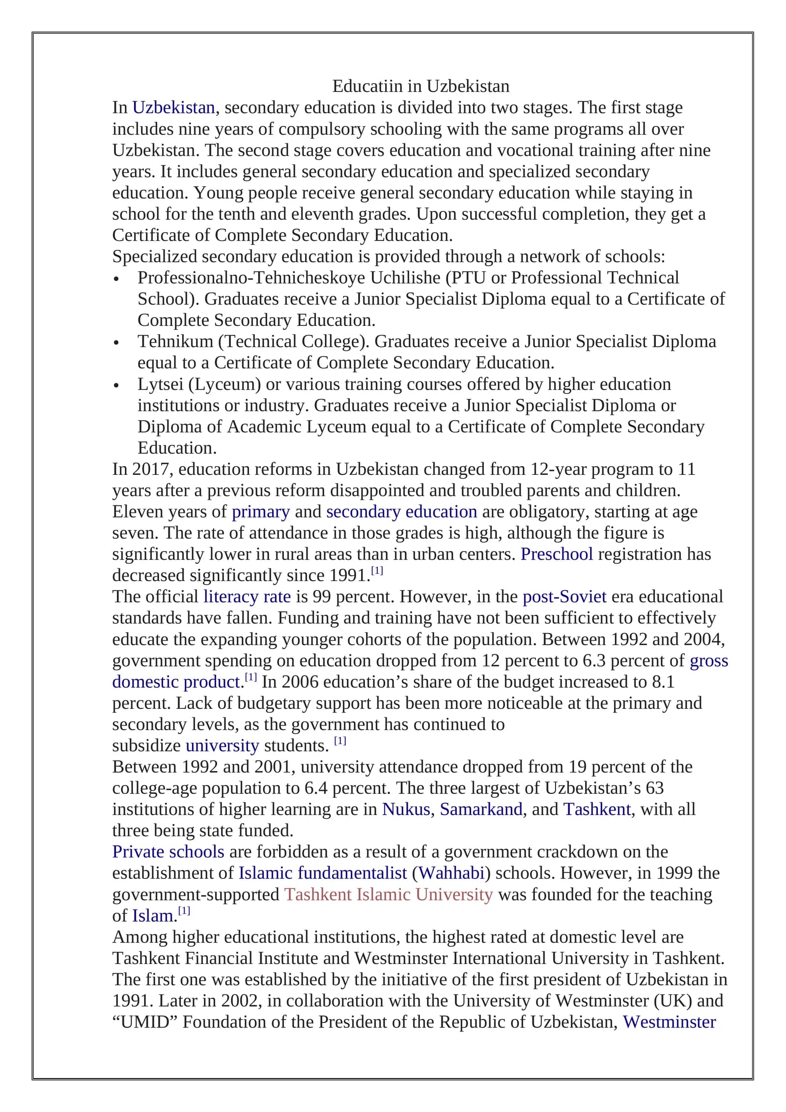 Education system in Uzbekistan