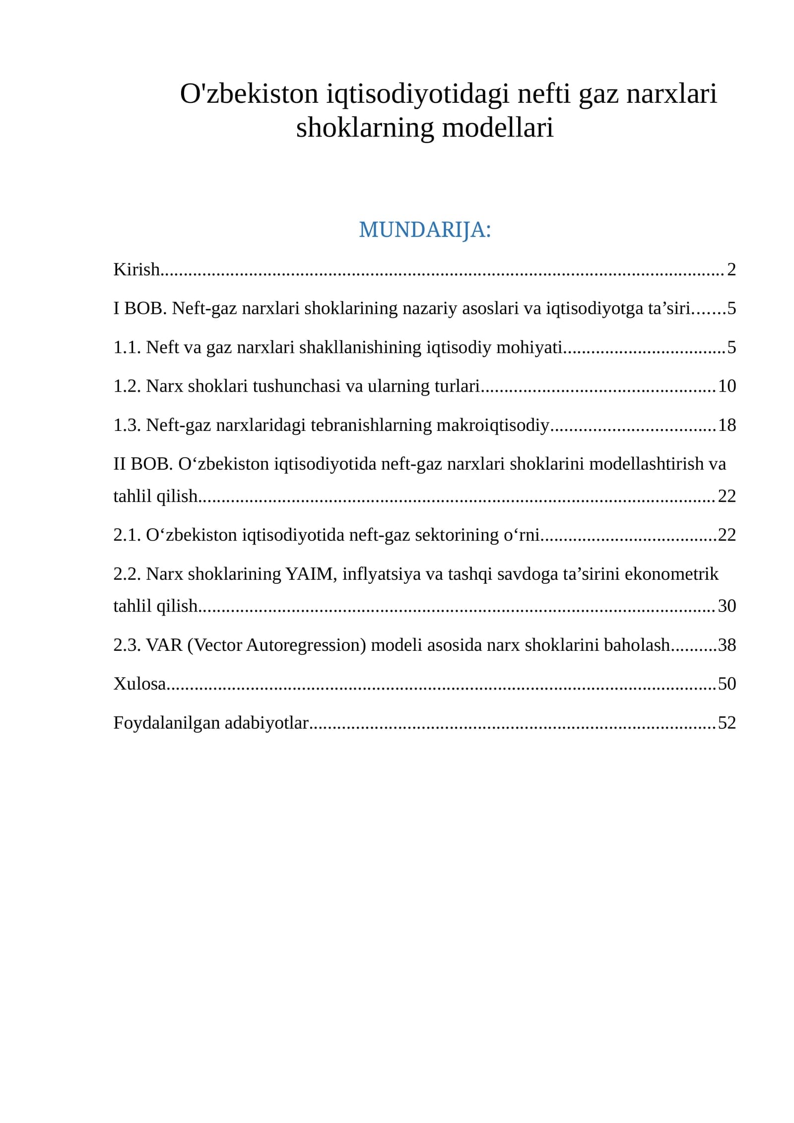 Neft va gaz narxlari shoklarning modellari