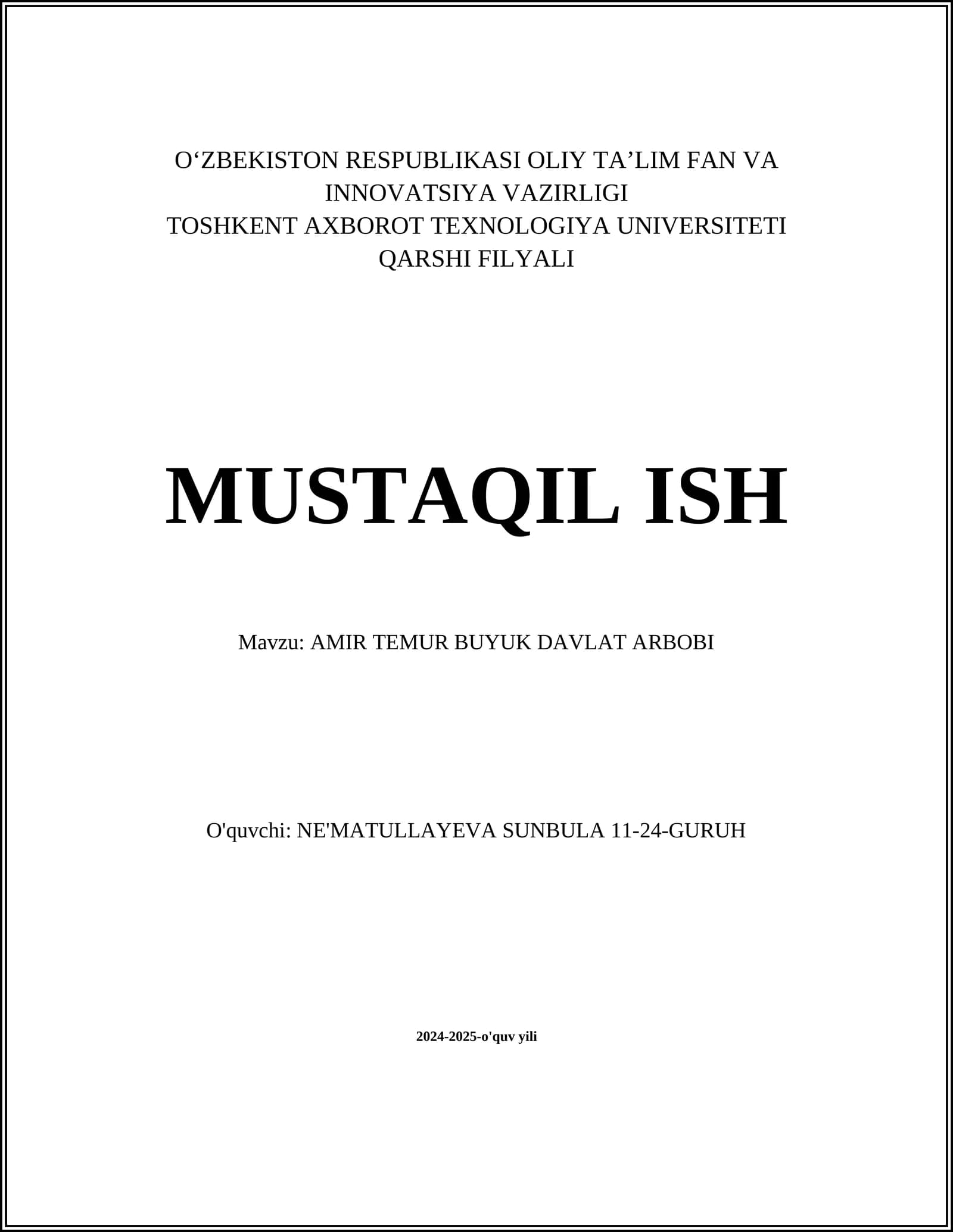 AMIR TEMUR BUYUK DAVLAT ARBOBI