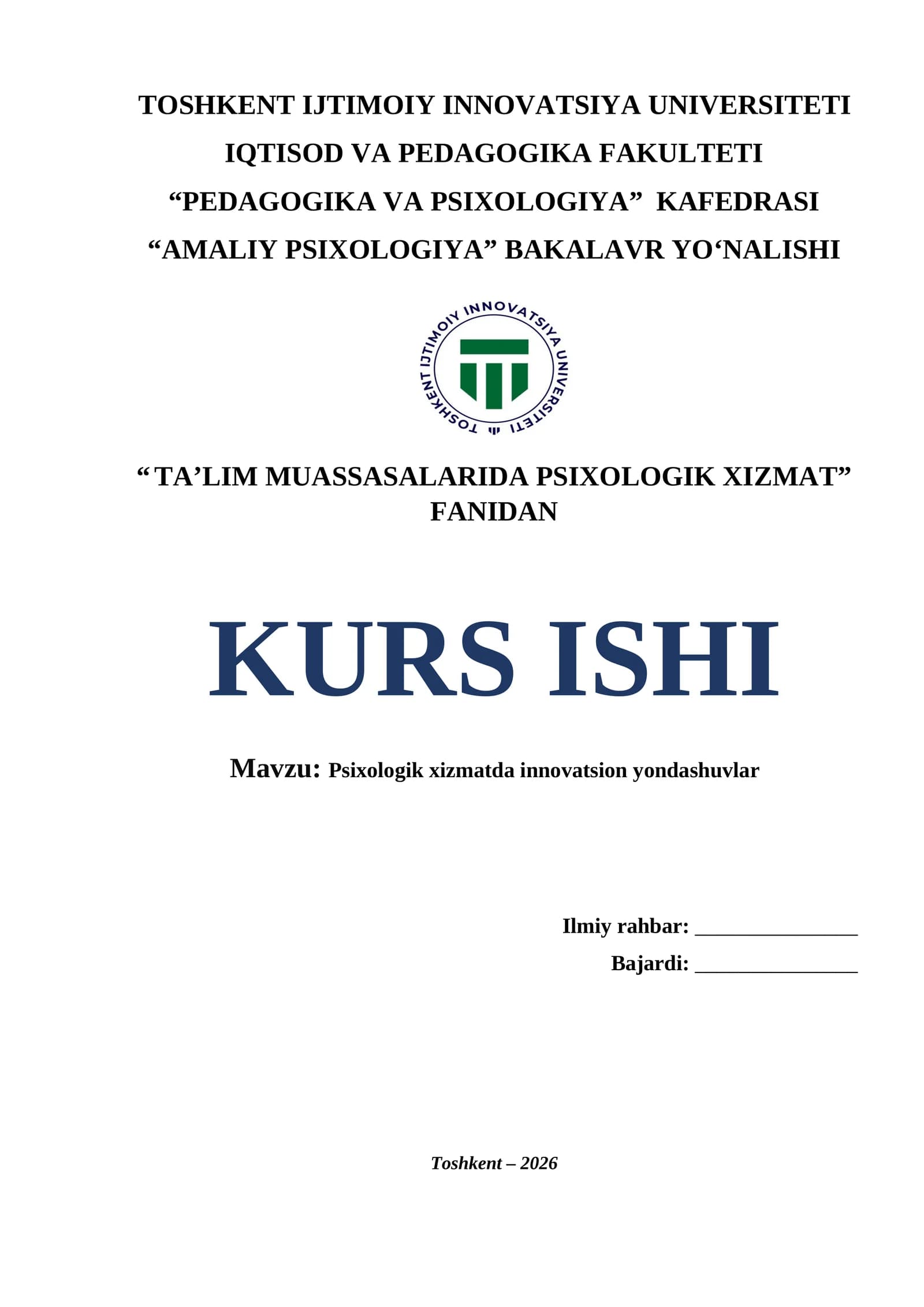 Psixologik xizmatda innovatsion yondashuvlar.