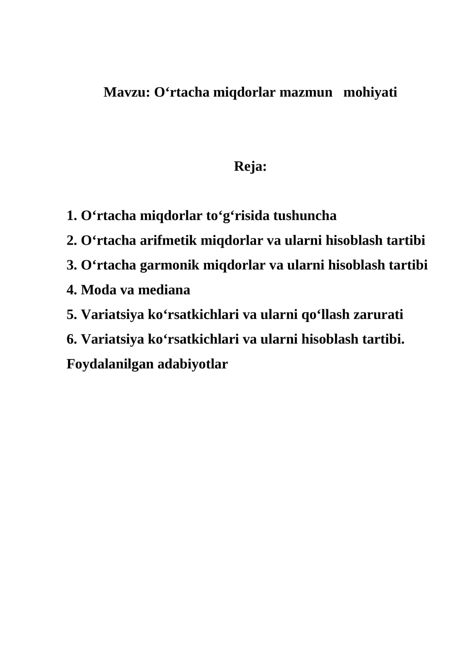 O‘rtacha miqdorlar mazmun mohiyati