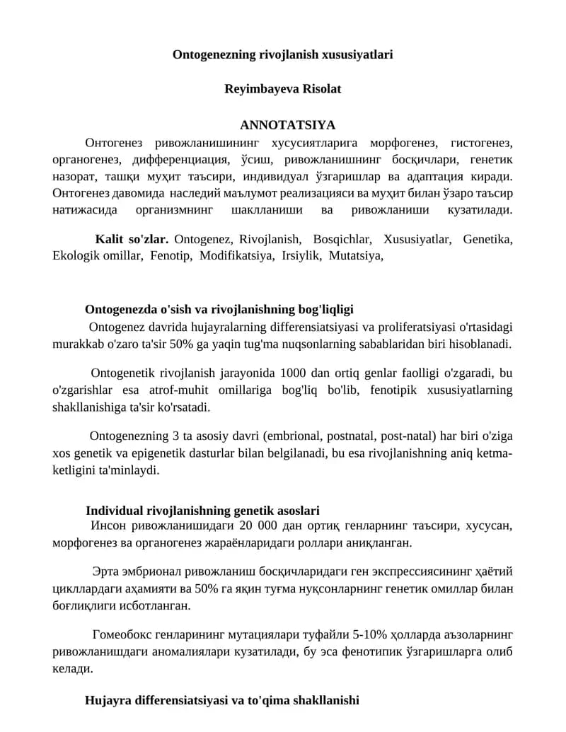 Ontogenezning rivojlanish xususiyatlari