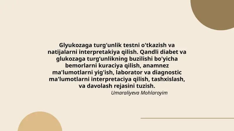 Glyukozaga turg'unlik testi o'tkazish