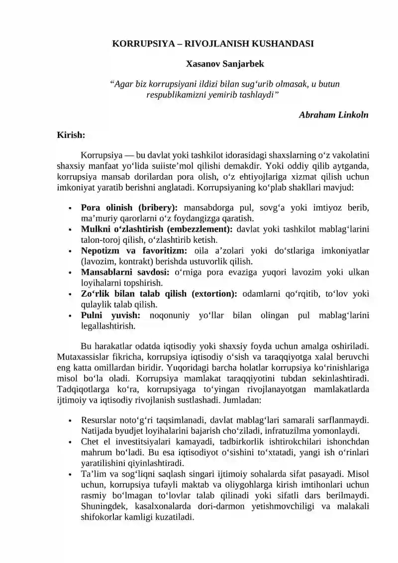KORRUPSIYA – RIVOJLANISH KUSHANDASI