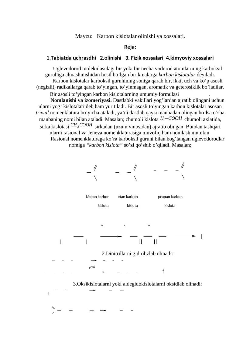 Karbon kislotalar olinishi va xossalari