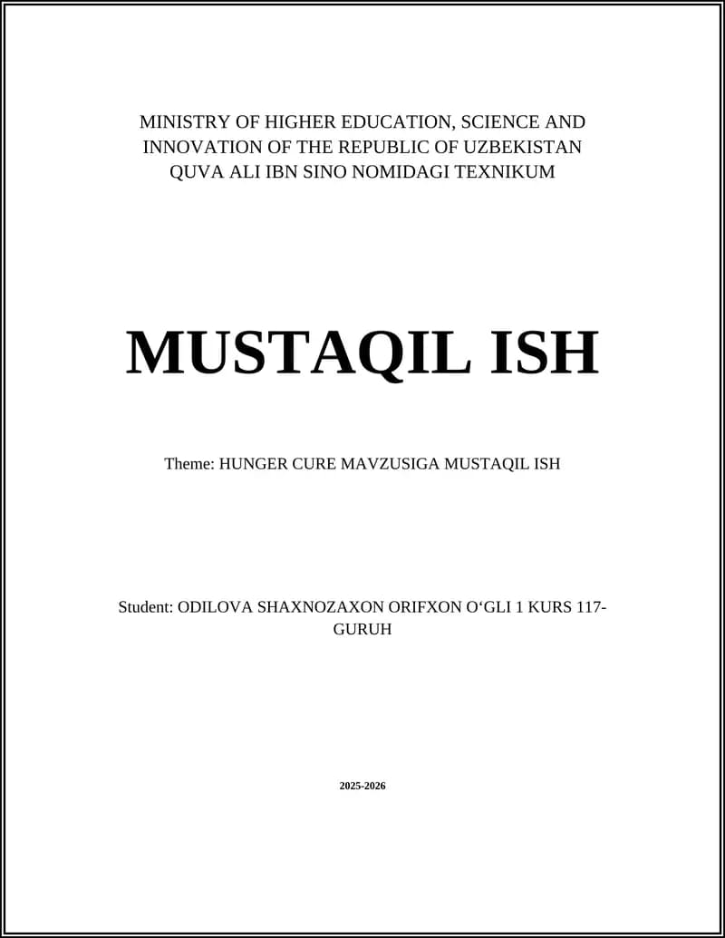HUNGER CURE MAVZUSIGA MUSTAQIL ISH