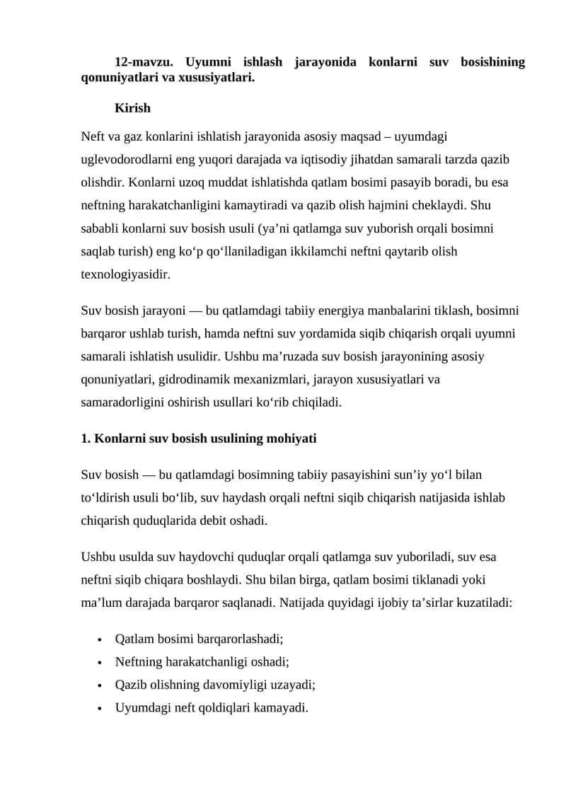 Konlarni suv bosish usuli