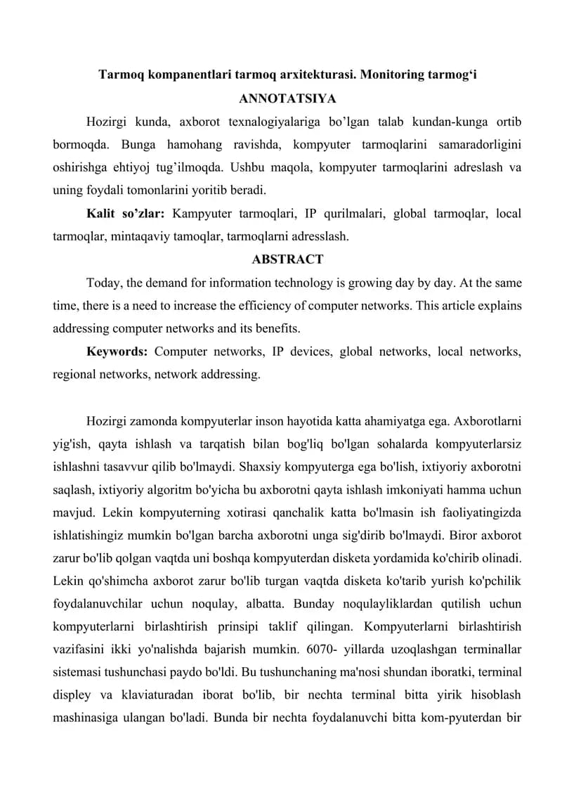 Tarmoq kompanentlari tarmoq arxitekturasi. Monitoring tarmog'i