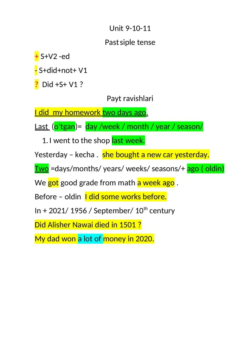 Unit 9-10-11 Past Simple Tense