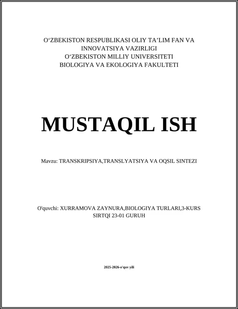 TRANSKRIPSIYA, TRANSLYATSIYA VA OQSIL SINTEZI