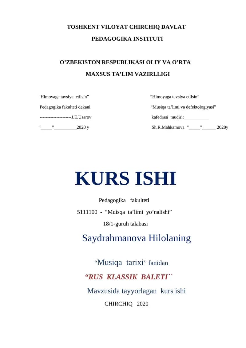 RUS KLASSIK BALETI KURS ISHI