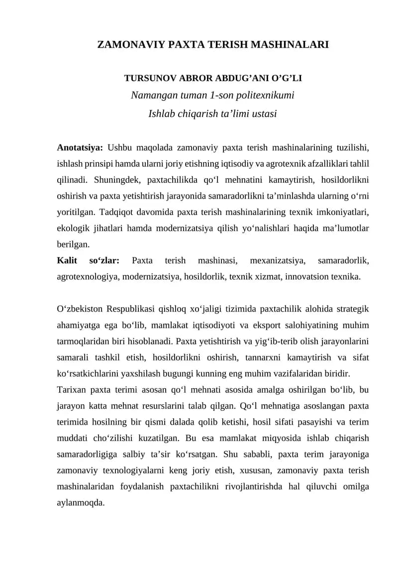 ZAMONAVIY PAXTA TERISH MASHINALARI