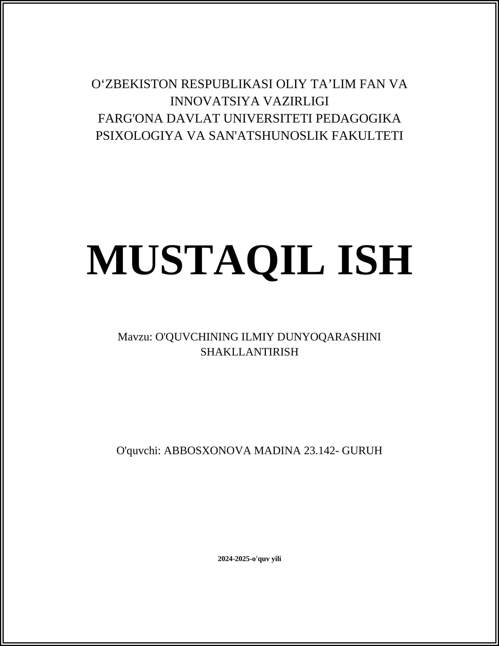 O'QUVCHINING ILMIY DUNYOQARASHINI SHAKLLANTIRISH