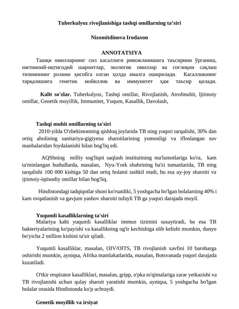 Tuberkulyoz rivojlanishiga tashqi omillarning ta’siri
