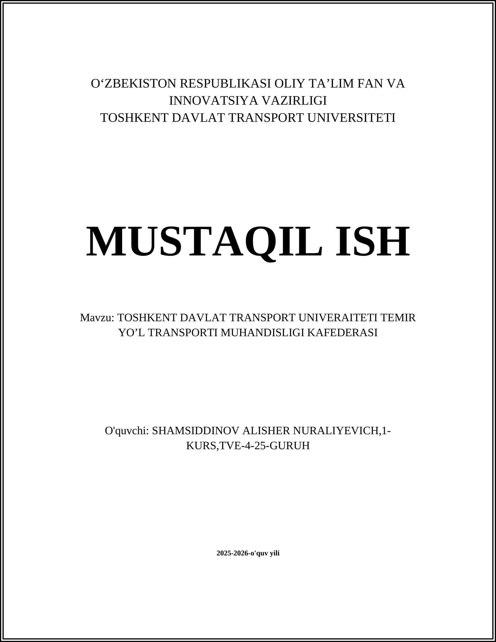 TOSHKENT DAVLAT TRANSPORT UNIVERAITETI TEMIR YO’L TRANSPORTI MUHANDISLIGI KAFEDERASI