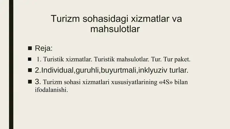 Turizm sohasidagi xizmatlar va mahsulotlar