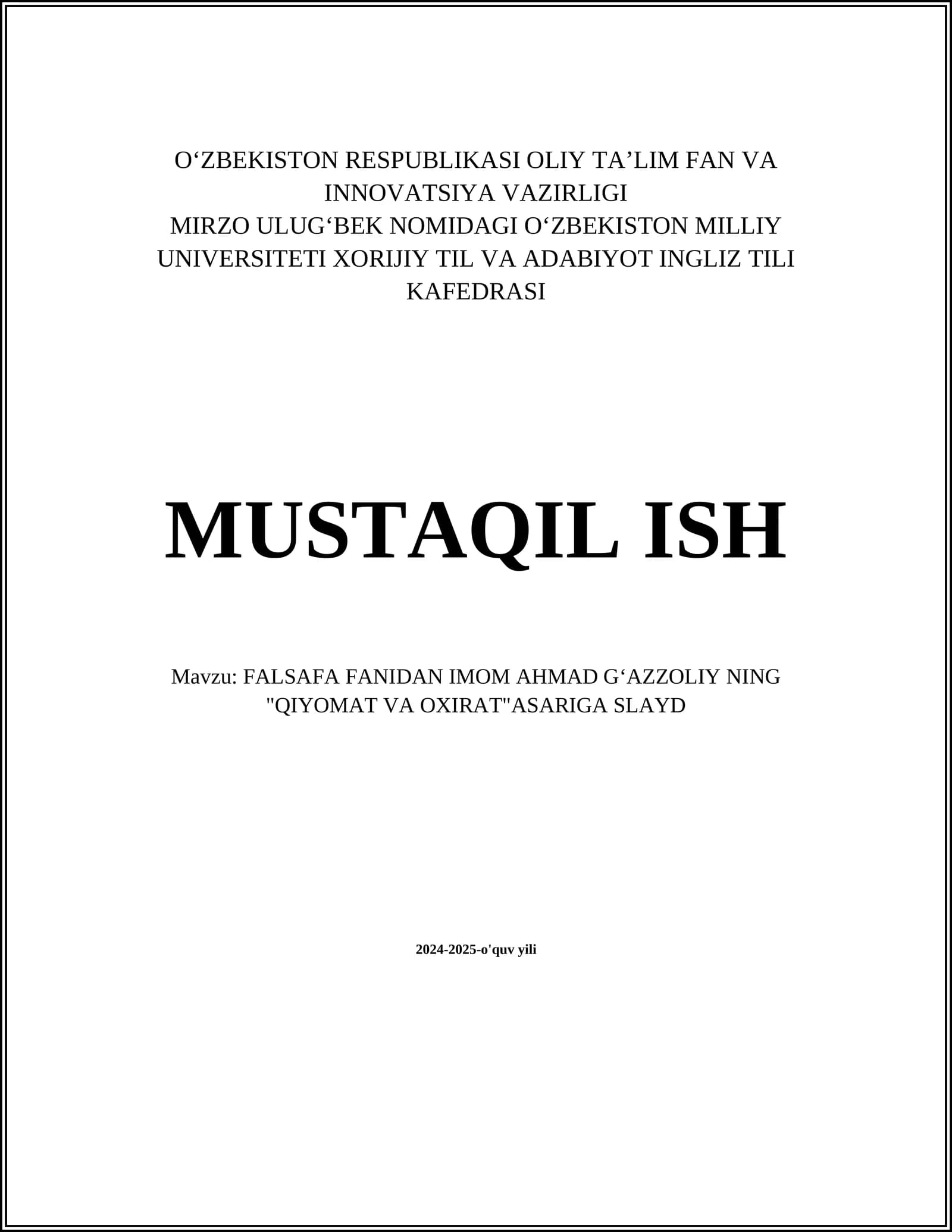 FALSAFA FANIDAN IMOM AHMAD GʻAZZOLIY NING "QIYOMAT VA OXIRAT"ASARIGA SLAYD