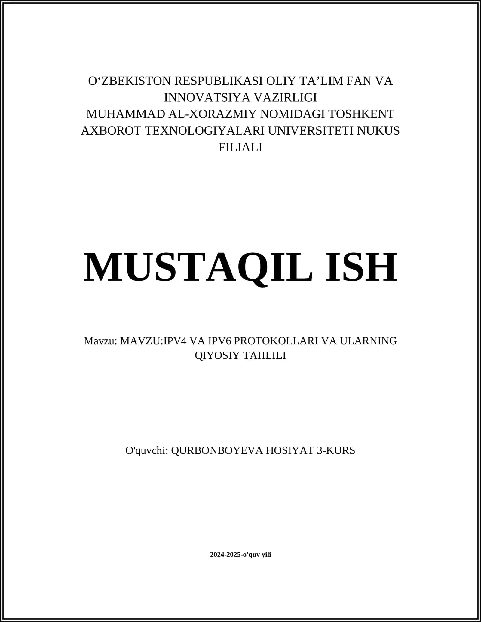 IPV4 VA IPV6 PROTOKOLLARI VA ULARNING QIYOSIY TAHLILI