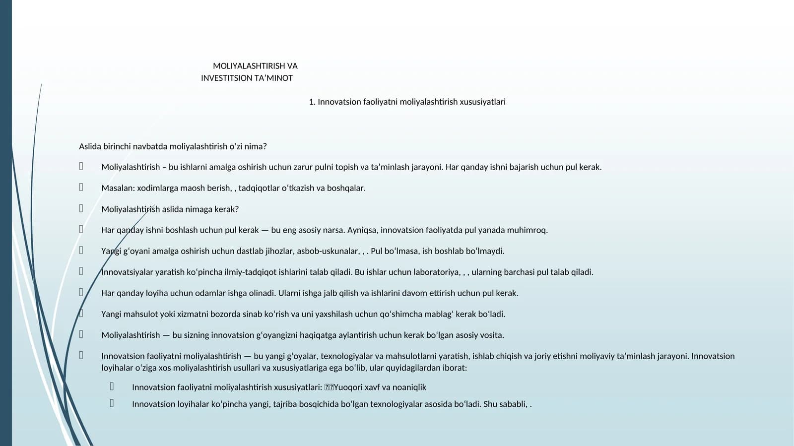 Innovatsion faoliyatni moliyalashtirish xususiyatlari
