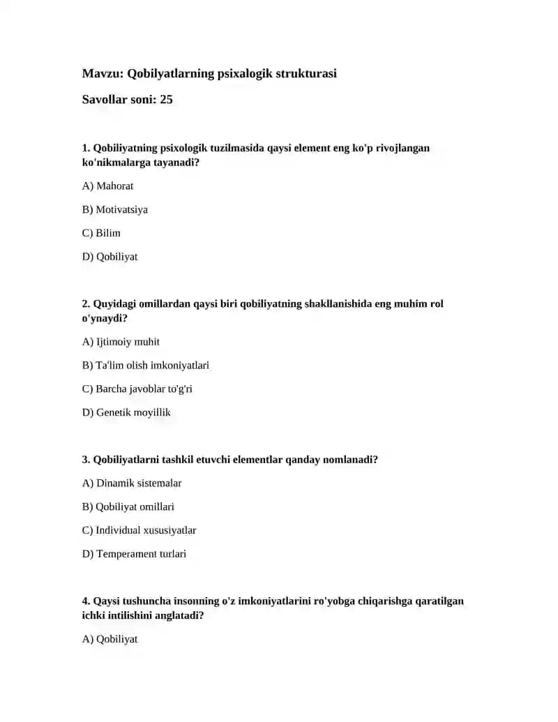 Qobilyatlarning psixalogik strukturasi