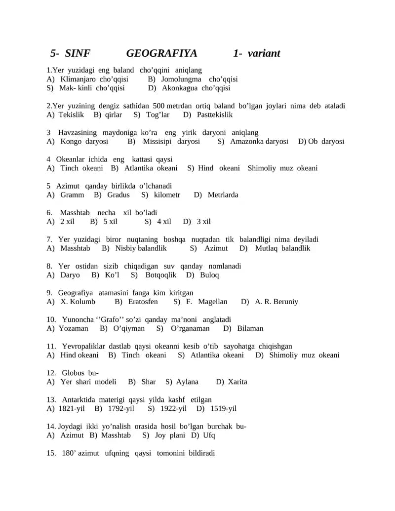 5-SINF GEOGRAFIYA fanidan Test