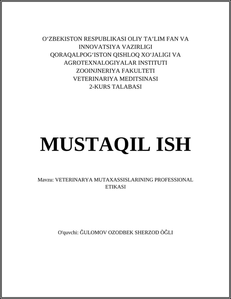 VETERINARYA MUTAXASSISLARINING PROFESSIONAL ETIKASI