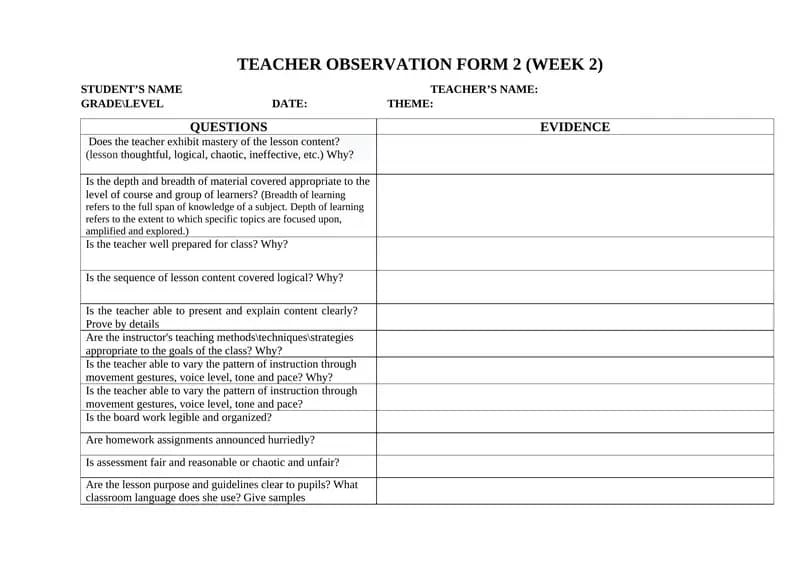TEACHER OBSERVATION FORM 2 (WEEK 2)