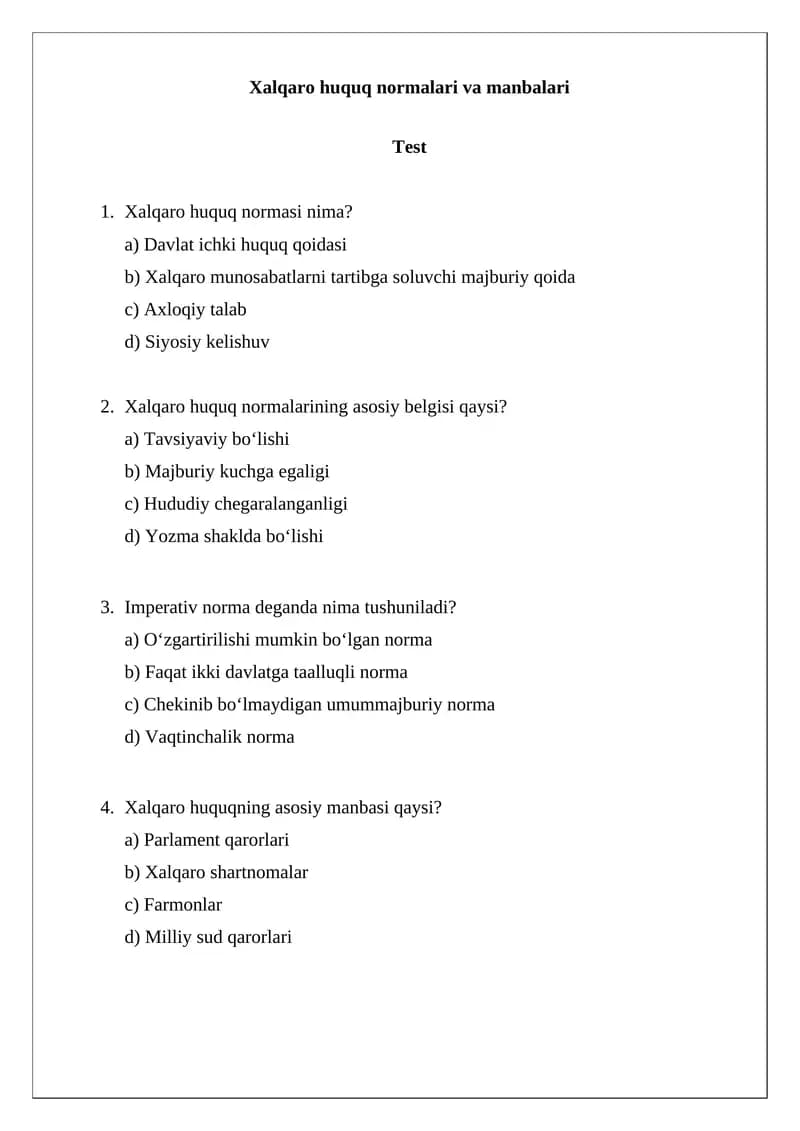 Xalqaro huquq normalari va manbalari