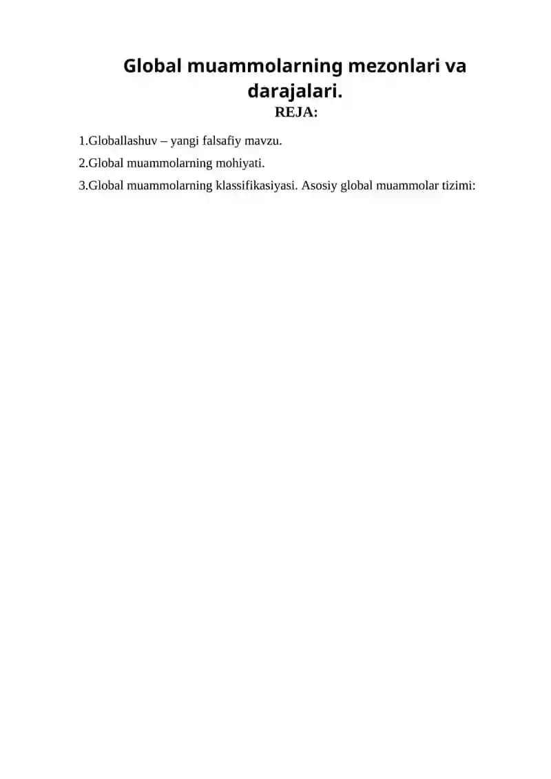 Global muammolarning mezonlari va darajalari
