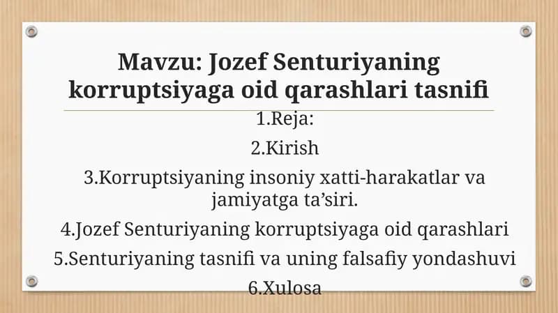 Jozef Senturiyaning korruptsiyaga oid qarashlari tasnifi