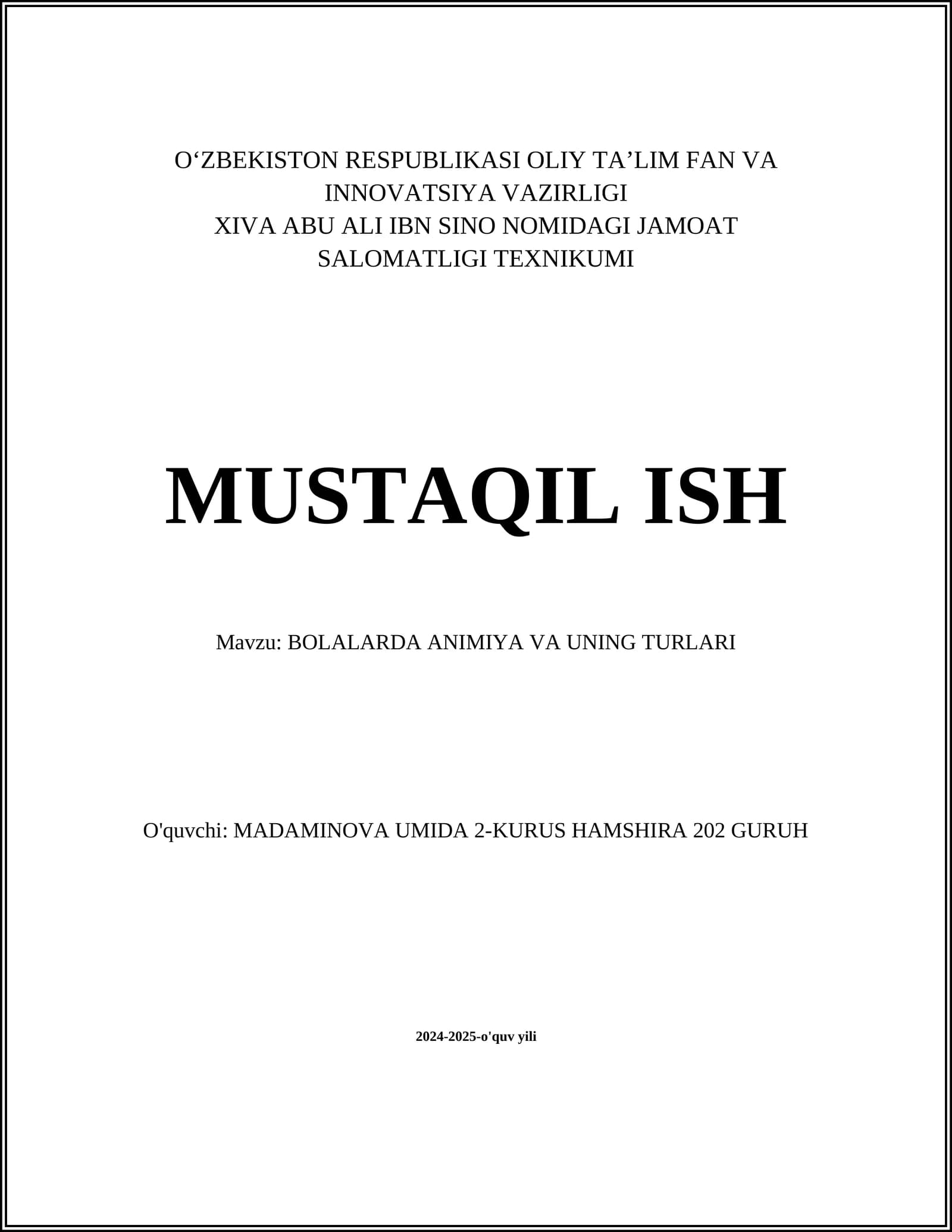 BOLALARDA ANIMIYA VA UNING TURLARI